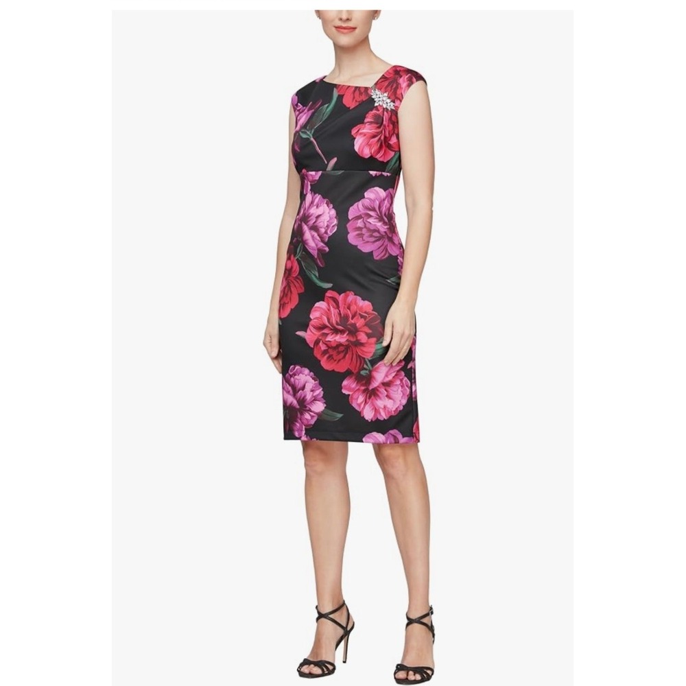 SL Fashions Womens Black Floral Sleeveless Embellished Sheath Dress Size 14